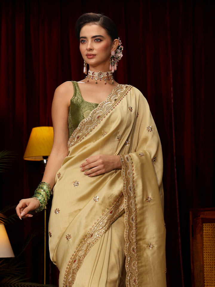 Libas Art Pista Green Floral Sequin Embellished Silk Blend Saree