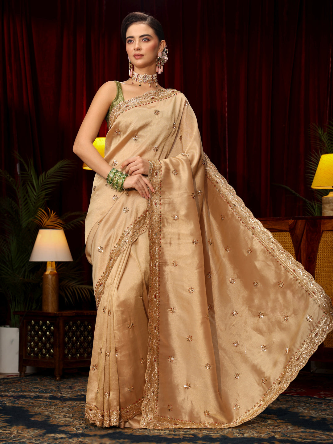 Libas Art Beige Floral Sequin Embellished Silk Blend Saree