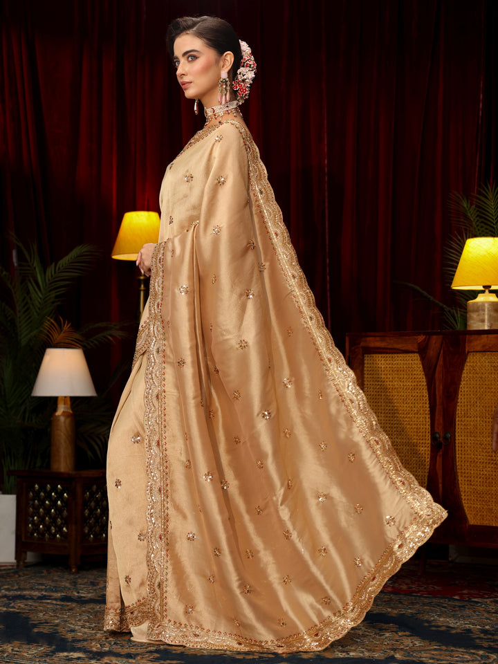 Libas Art Beige Floral Sequin Embellished Silk Blend Saree