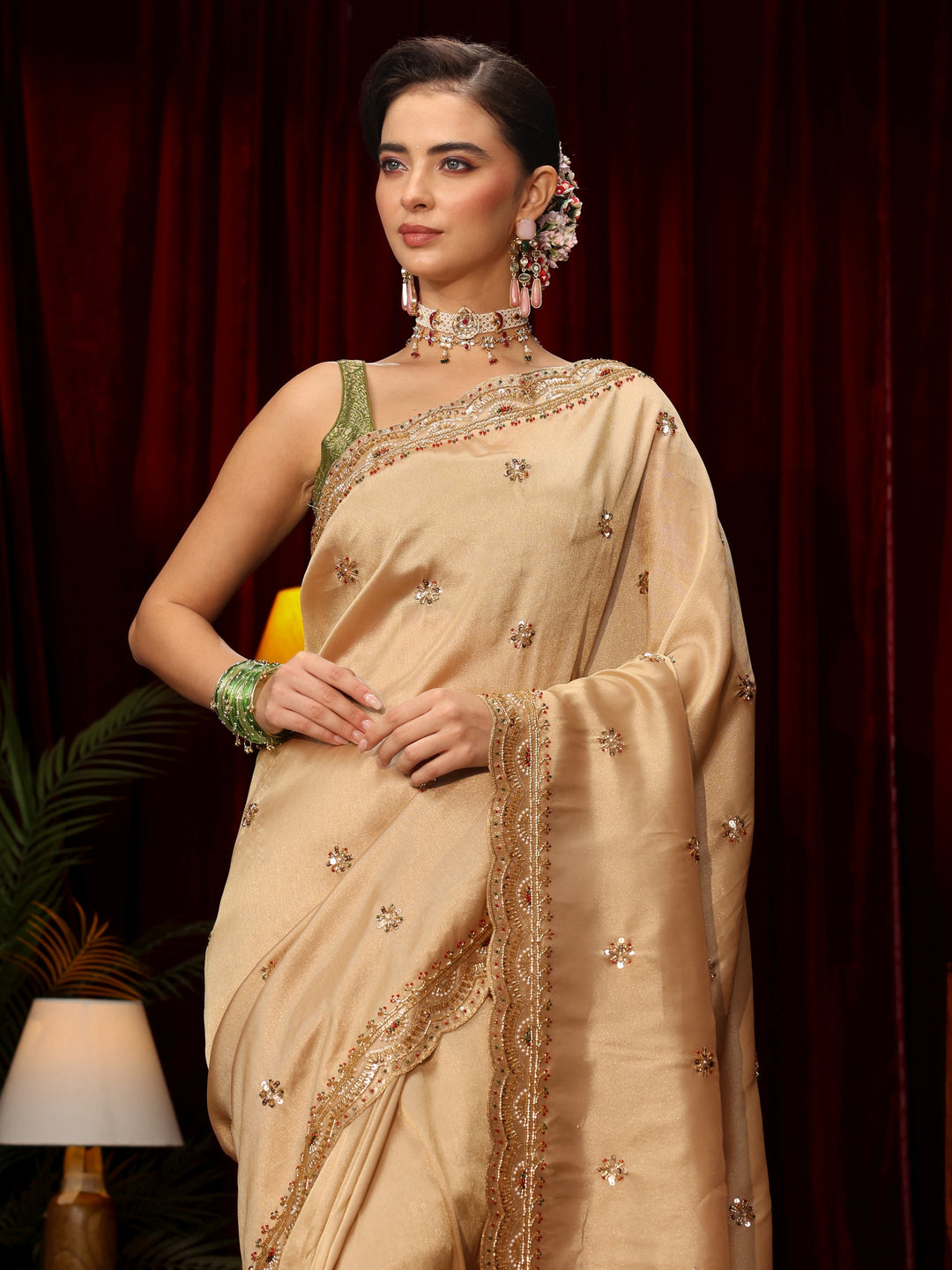 Libas Art Beige Floral Sequin Embellished Silk Blend Saree