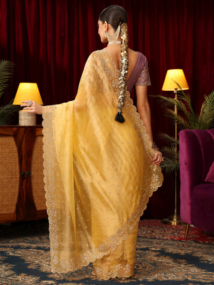 Libas Butter Yellow Embellished Tissue Saree with Scalloped Border