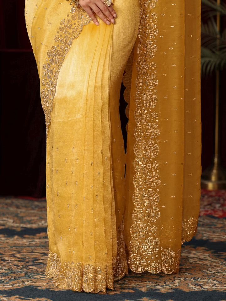 Libas Butter Yellow Embellished Tissue Saree with Scalloped Border
