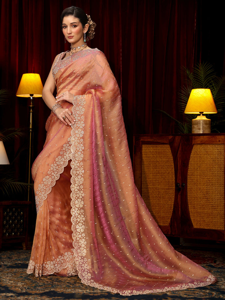 Libas Peach Pink Stone Work Embellished Tissue Saree