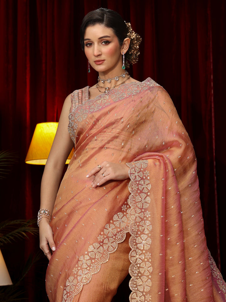 Libas Peach Pink Stone Work Embellished Tissue Saree