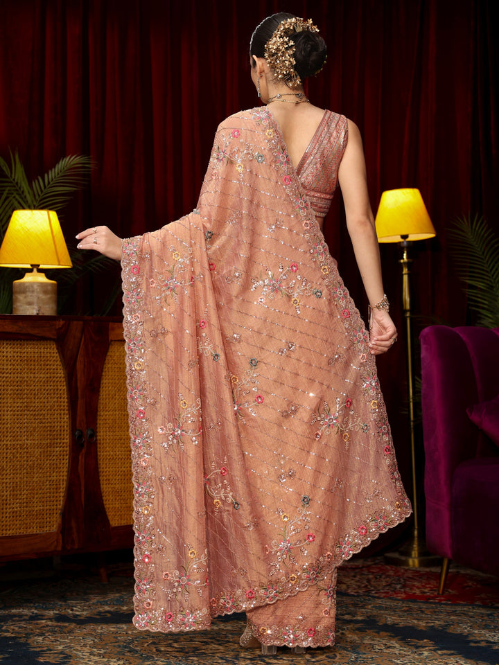 Libas Art Peach Pink Floral Sequin Embellished Tissue Saree
