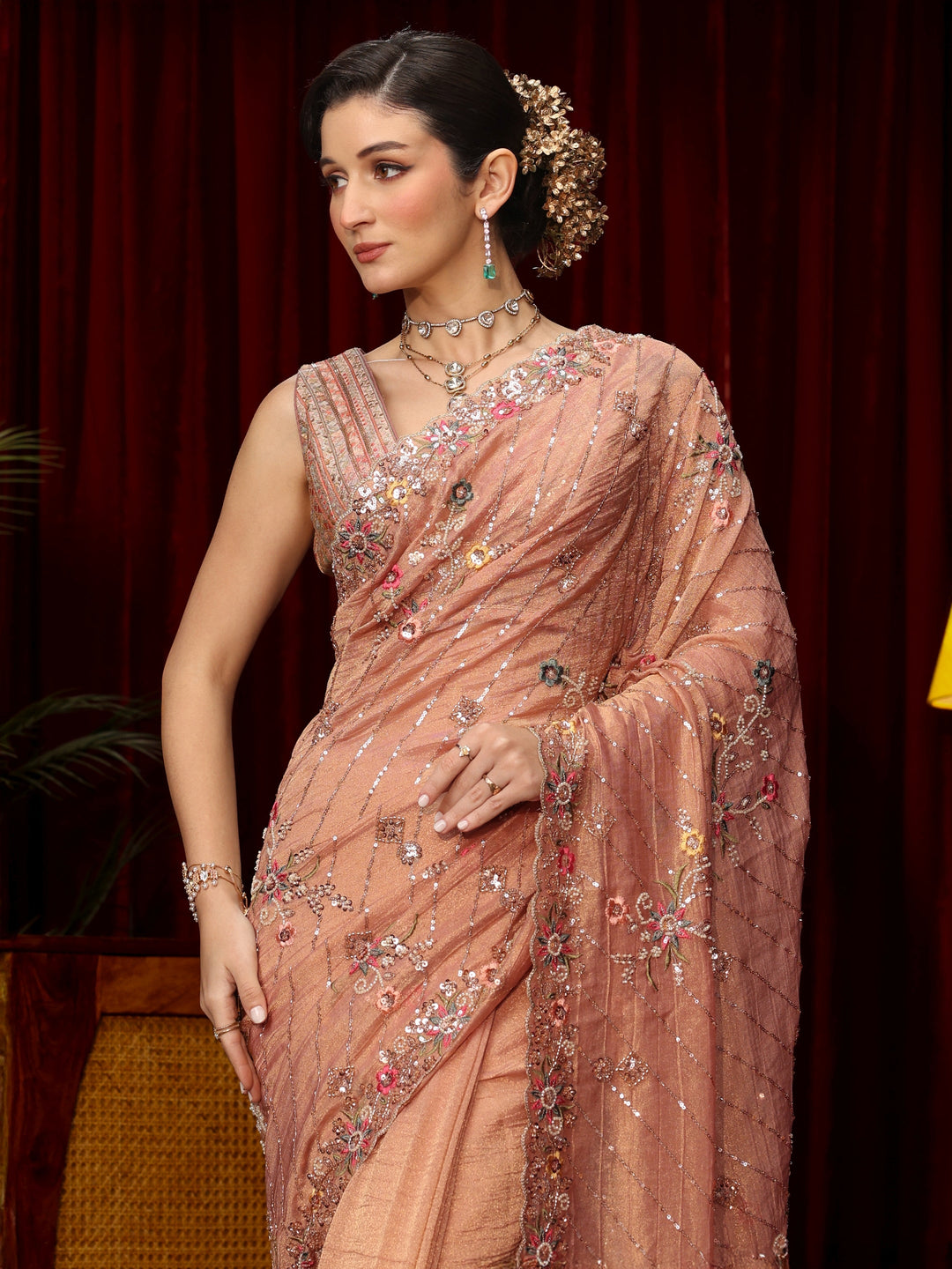 Libas Art Peach Pink Floral Sequin Embellished Tissue Saree
