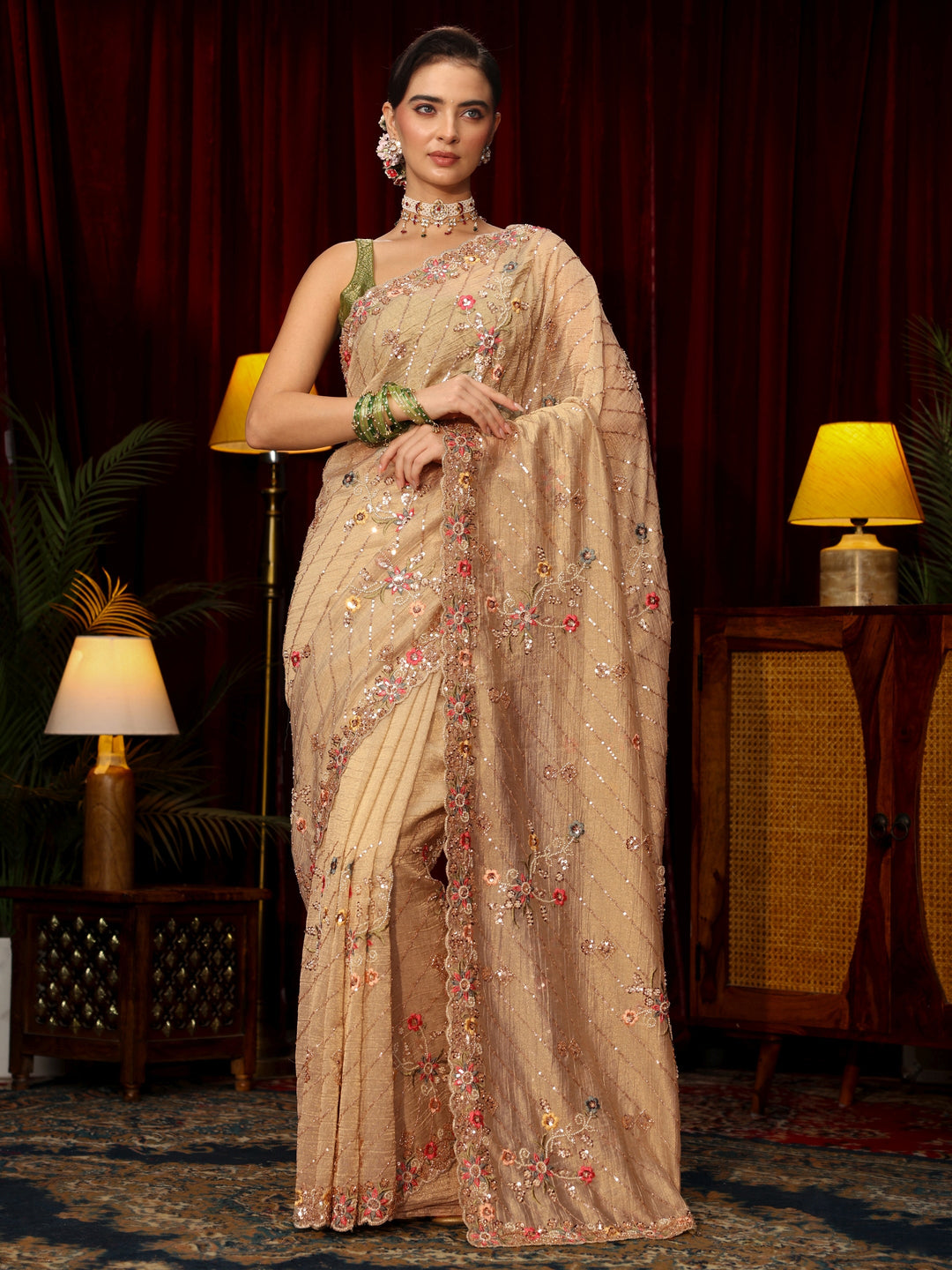 Libas Art Pista Green Floral Sequin Embellished Tissue Saree