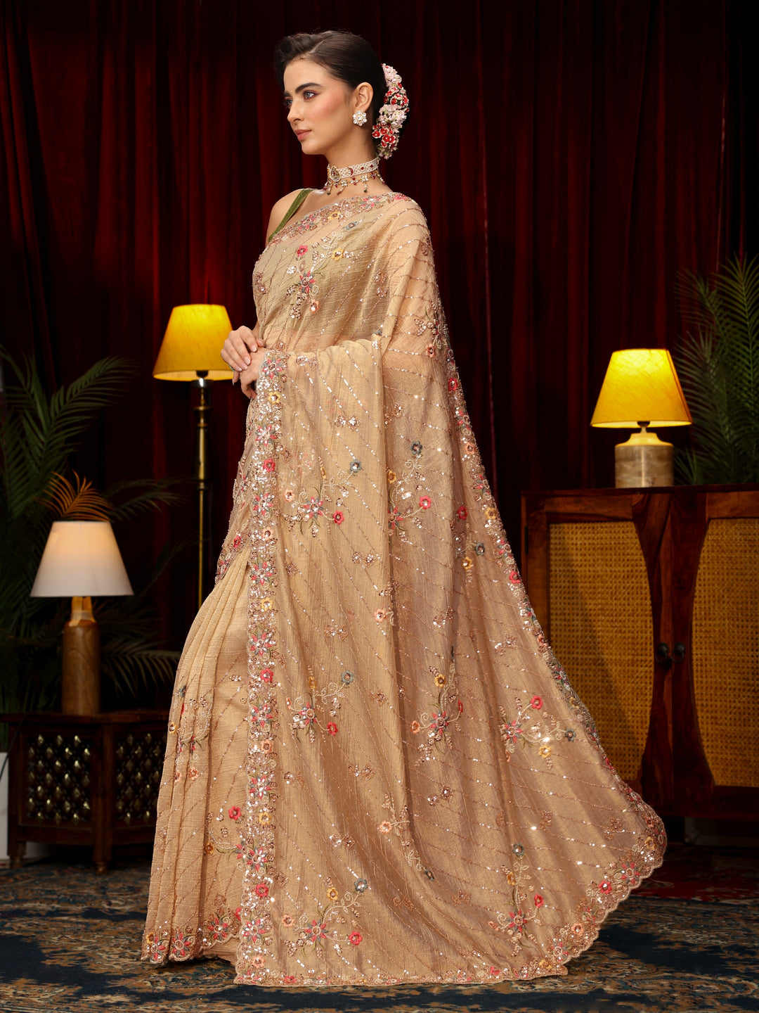 Libas Art Pista Green Floral Sequin Embellished Tissue Saree