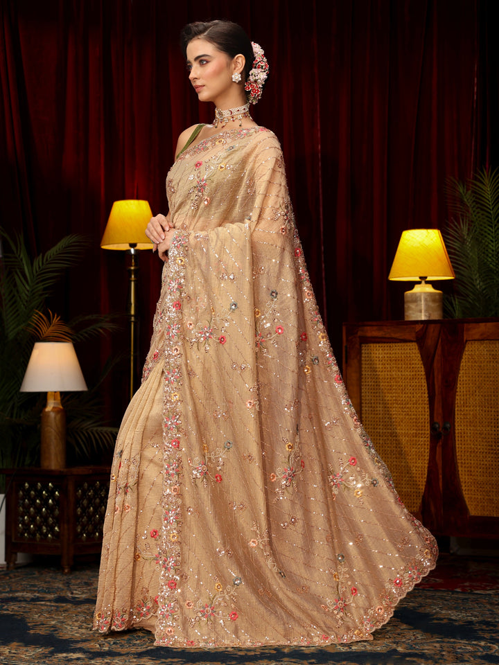 Libas Art Pista Green Floral Sequin Embellished Tissue Saree