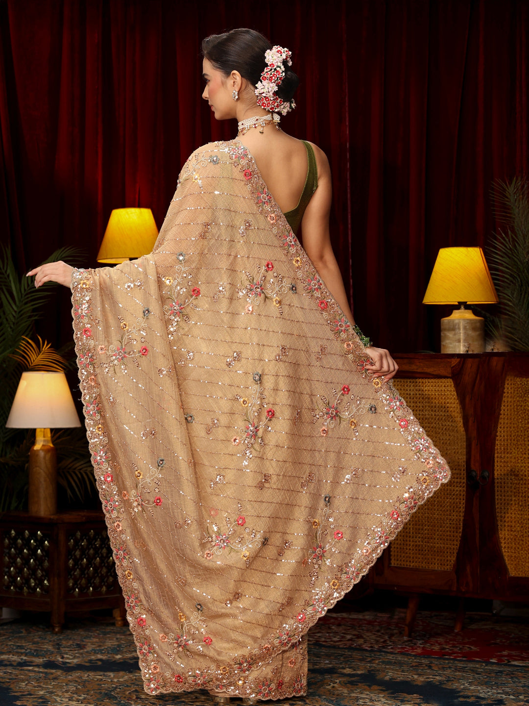 Libas Art Pista Green Floral Sequin Embellished Tissue Saree