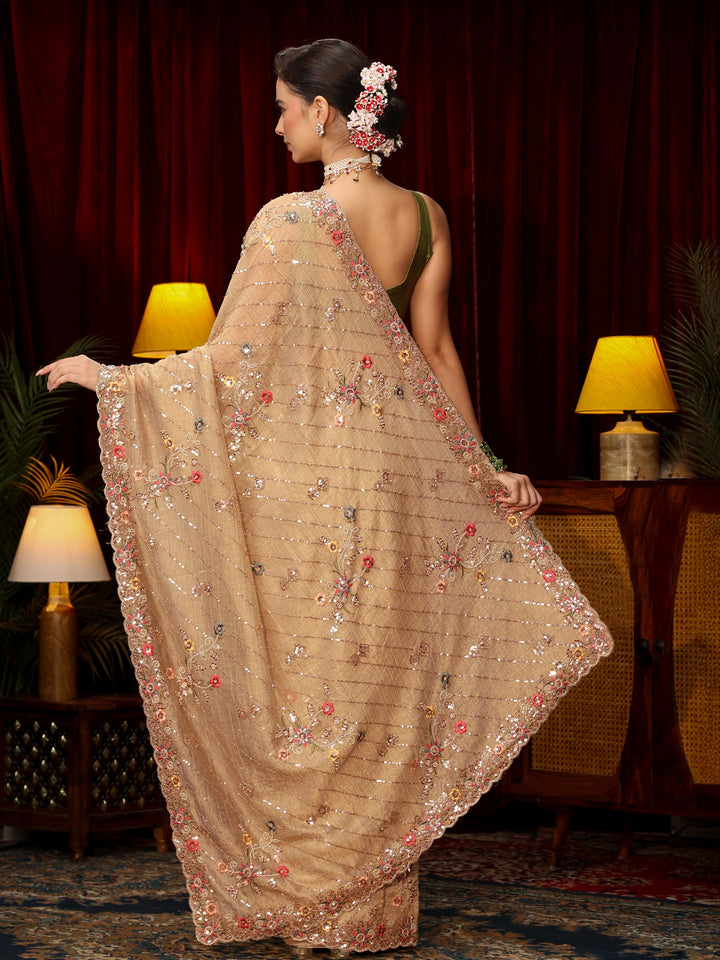 Libas Art Pista Green Floral Sequin Embellished Tissue Saree