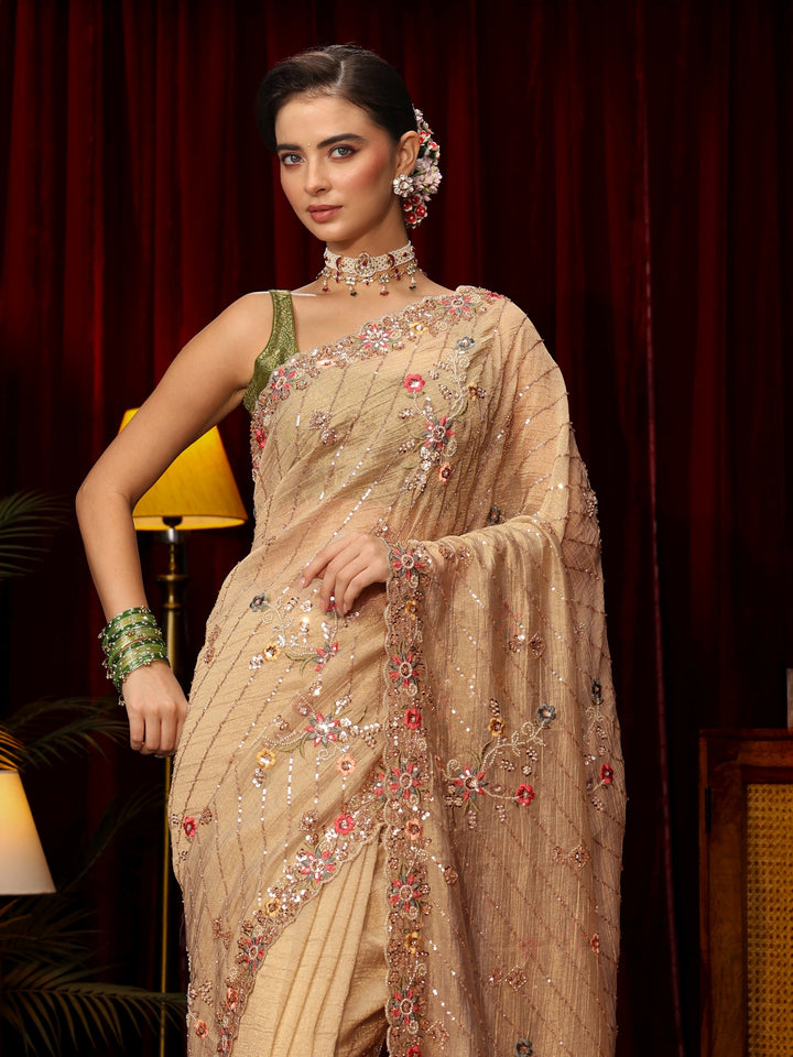 Libas Art Pista Green Floral Sequin Embellished Tissue Saree