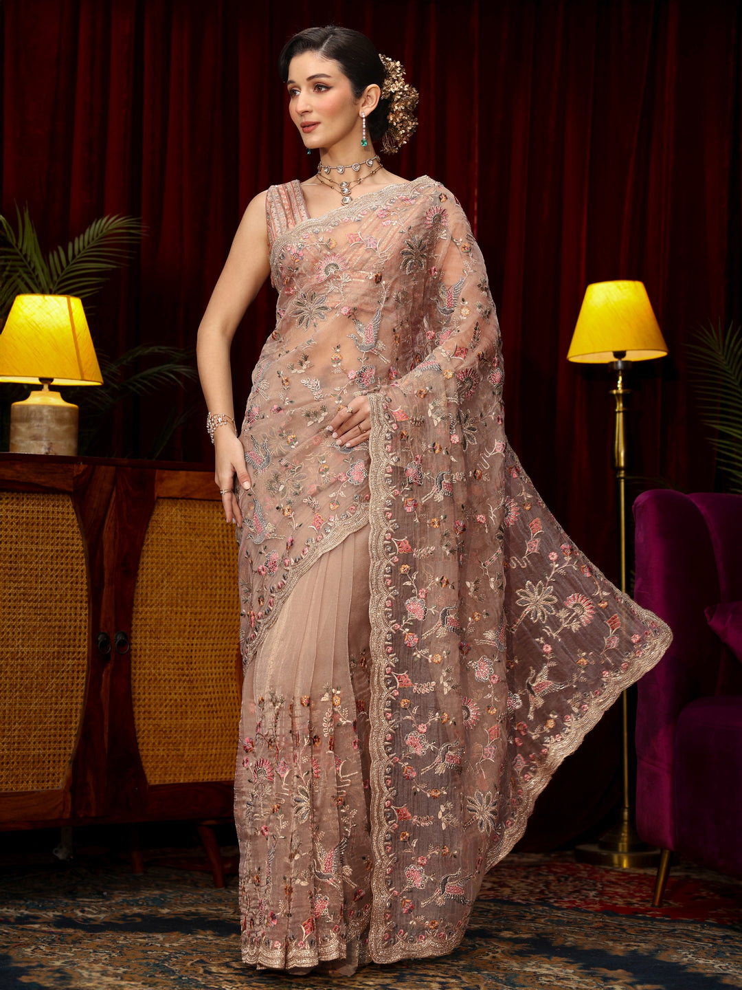 Libas Art Lavender Floral Stone Work Embellished Tissue Saree