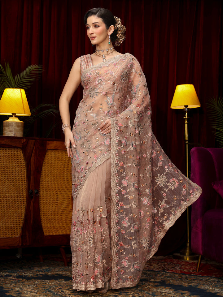 Libas Art Lavender Floral Stone Work Embellished Tissue Saree