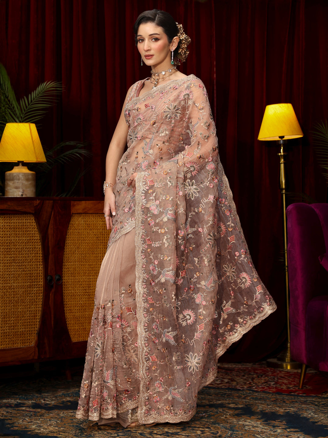 Libas Art Lavender Floral Stone Work Embellished Tissue Saree