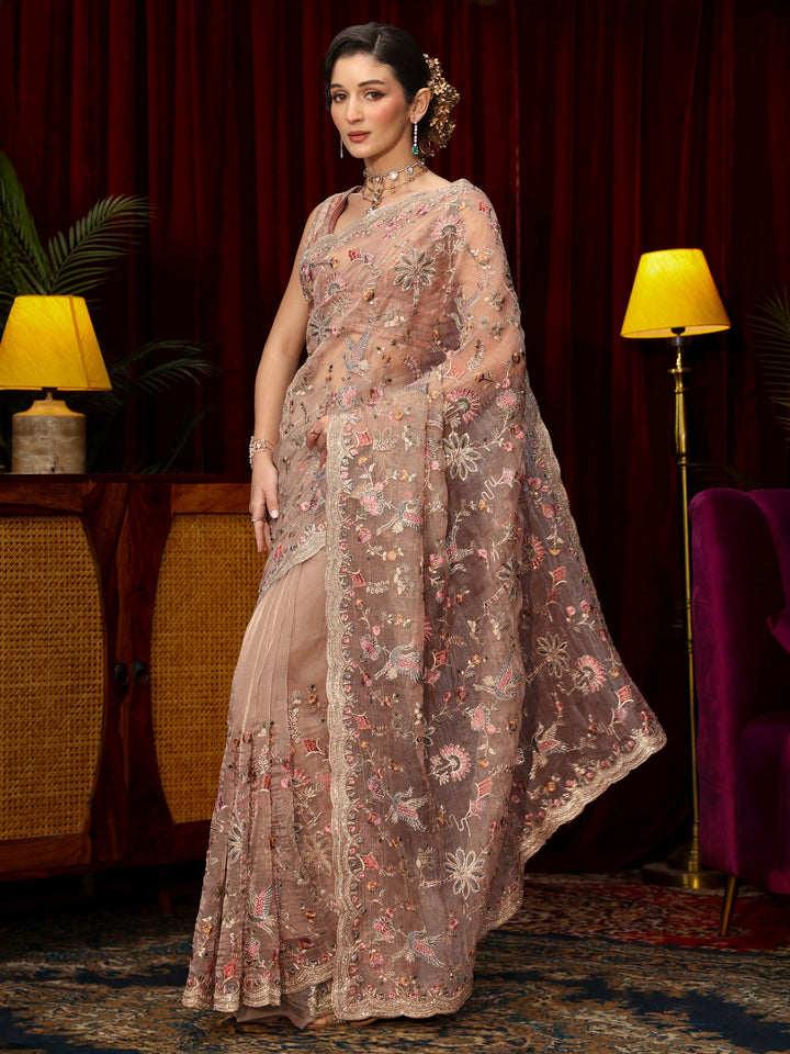 Libas Art Lavender Floral Stone Work Embellished Tissue Saree