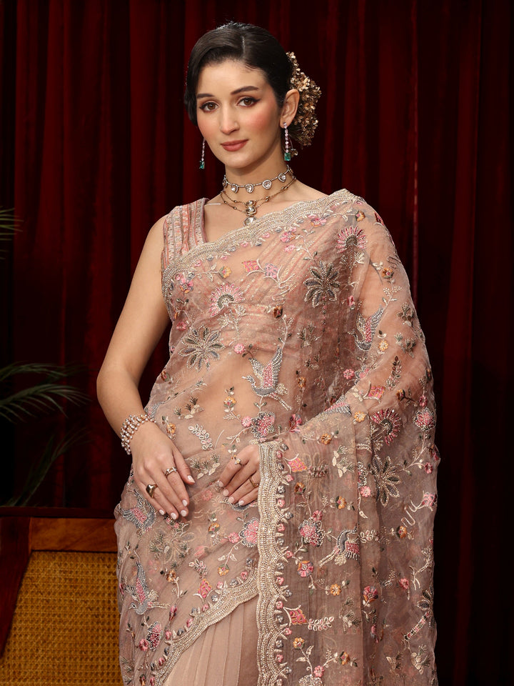Libas Art Lavender Floral Stone Work Embellished Tissue Saree