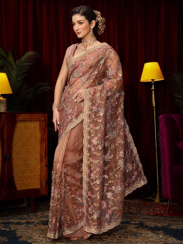 Libas Art Peach Pink Floral Stone Work Embellished Tissue Saree