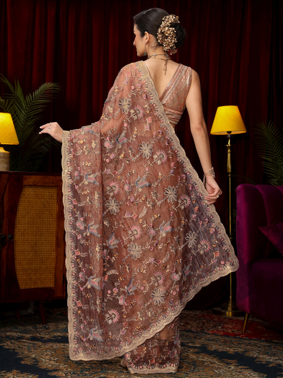 Libas Art Peach Pink Floral Stone Work Embellished Tissue Saree