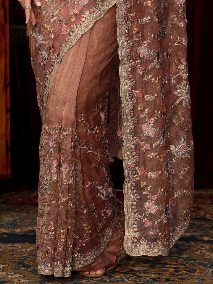 Libas Art Peach Pink Floral Stone Work Embellished Tissue Saree