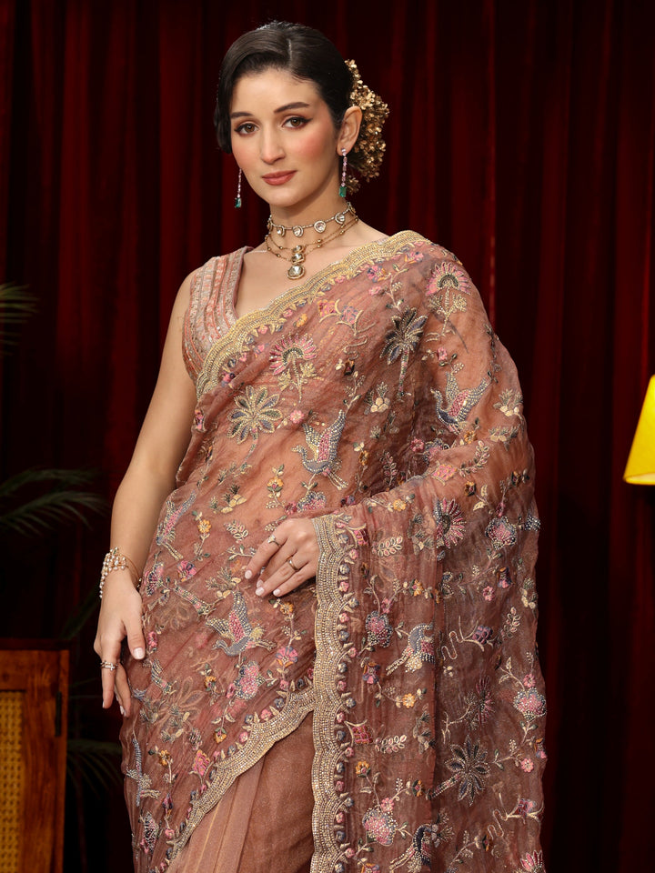 Libas Art Peach Pink Floral Stone Work Embellished Tissue Saree
