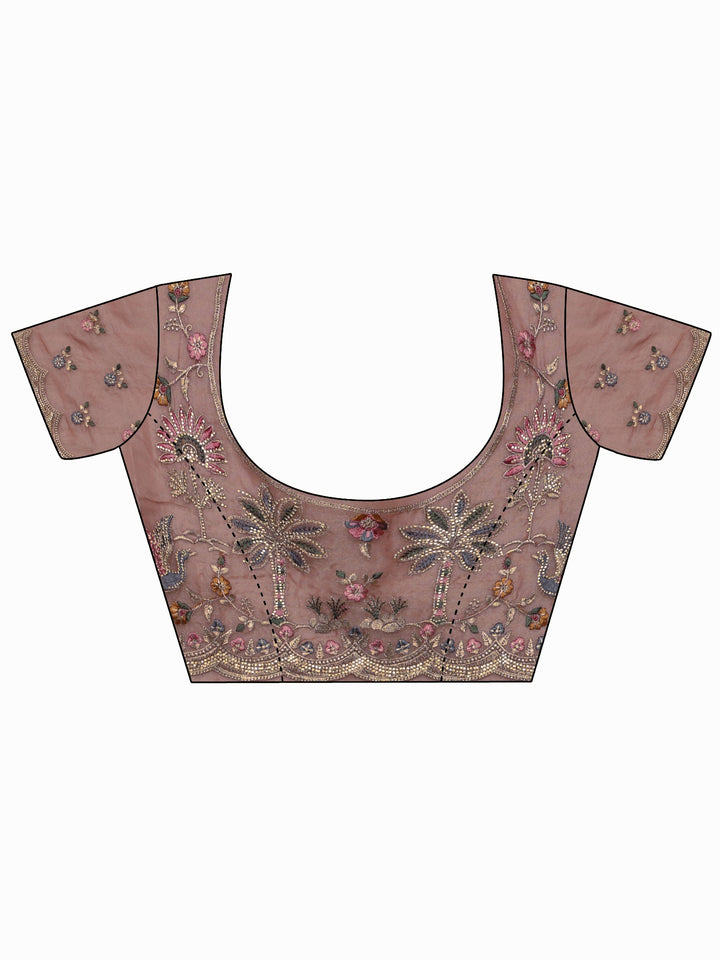 Libas Art Peach Pink Floral Stone Work Embellished Tissue Saree