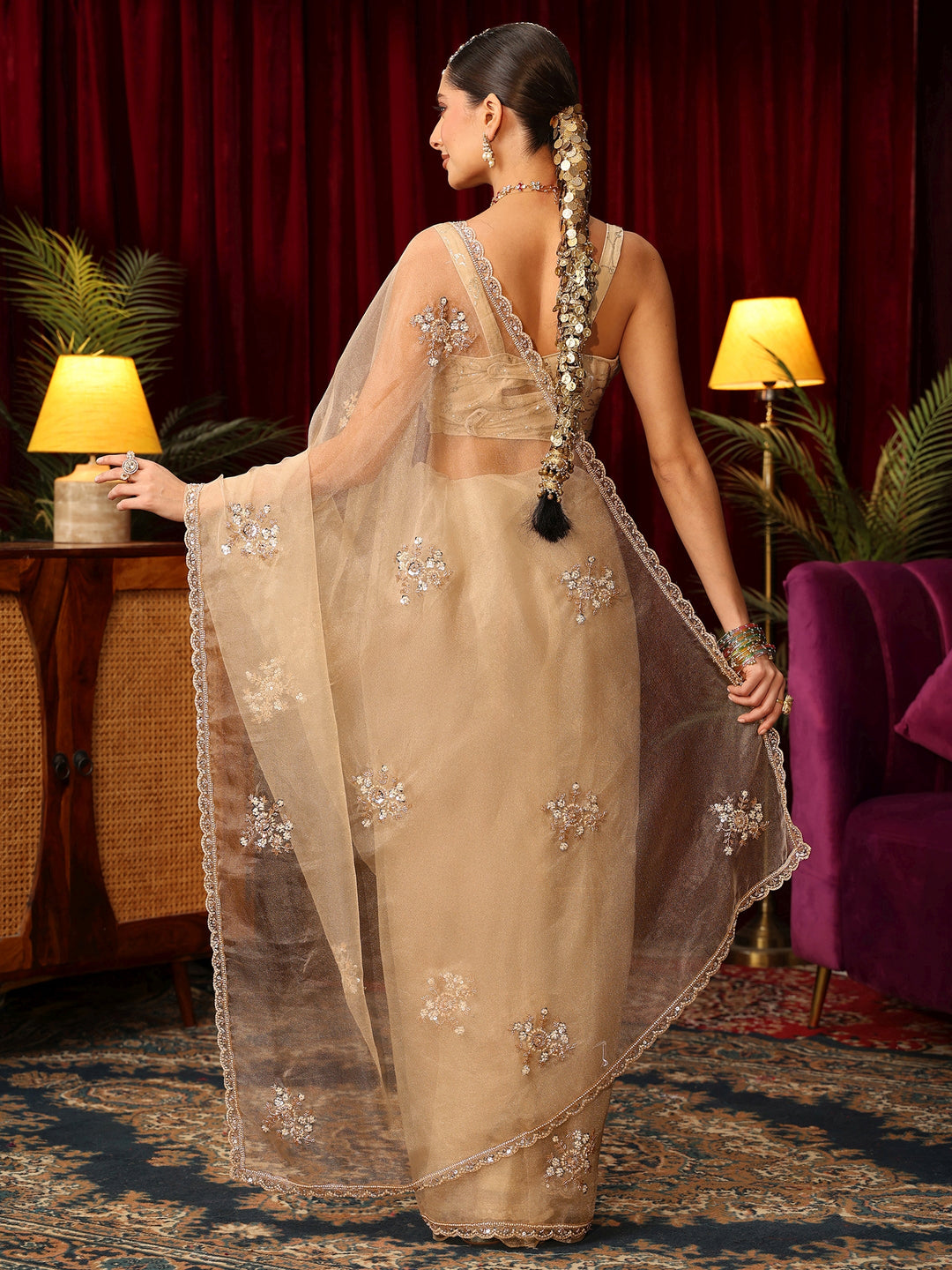 Libas Beige Net Saree with Sequin and Bead Embellished Flowers