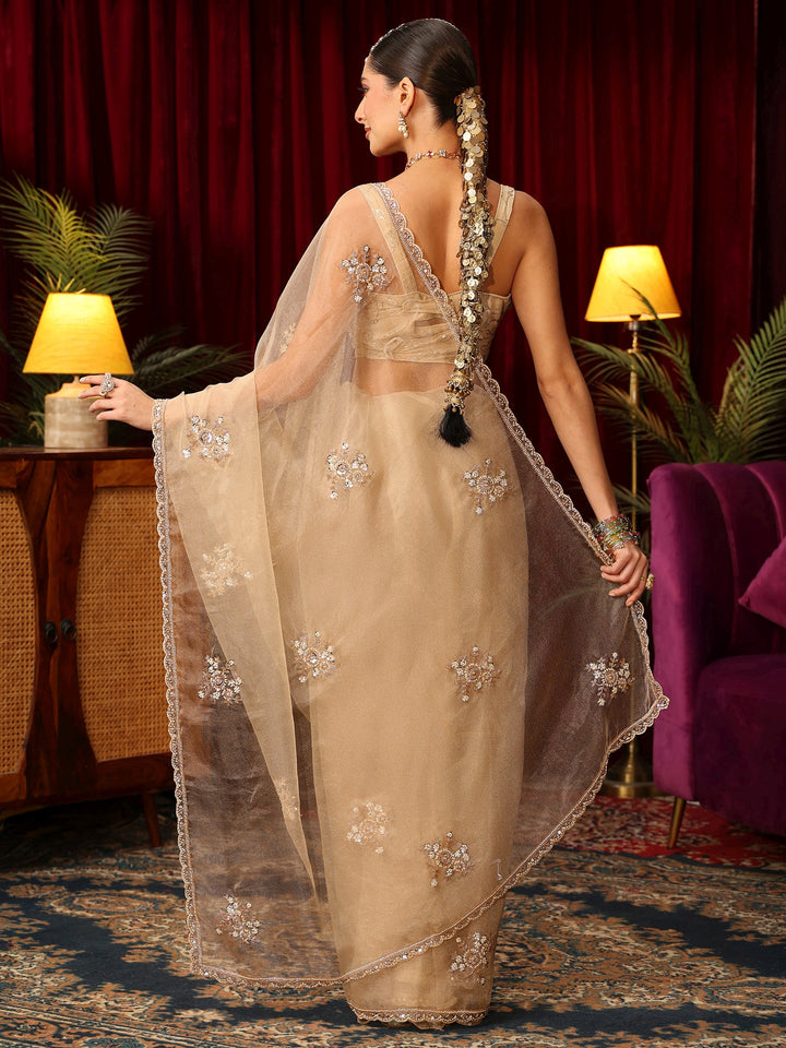 Libas Beige Net Saree with Sequin and Bead Embellished Flowers