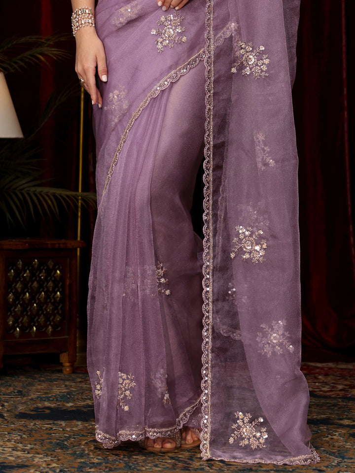 Libas Lavender Floral Sequin Embellished Tissue Saree