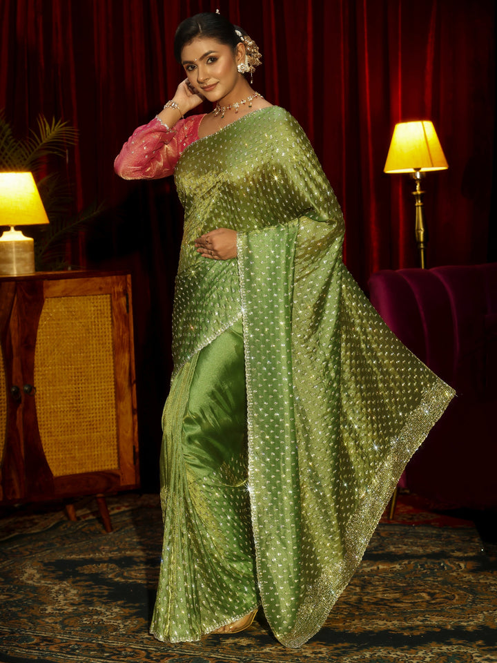Libas Art Green Stone Work Embellished Tissue Saree