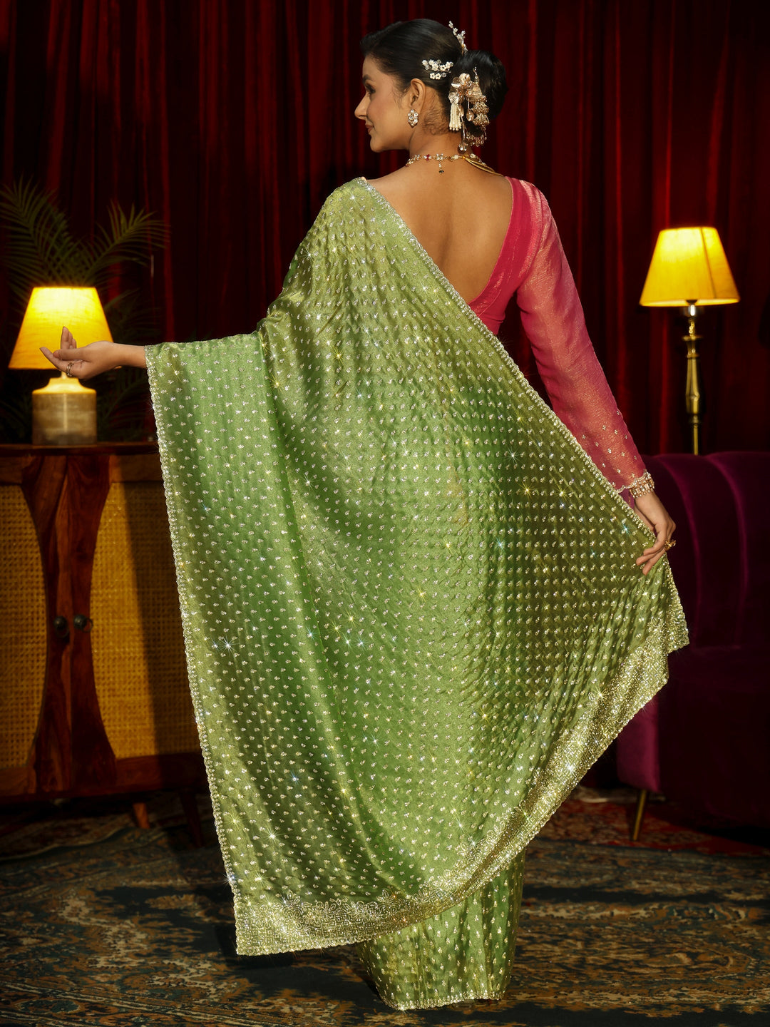 Libas Art Green Stone Work Embellished Tissue Saree