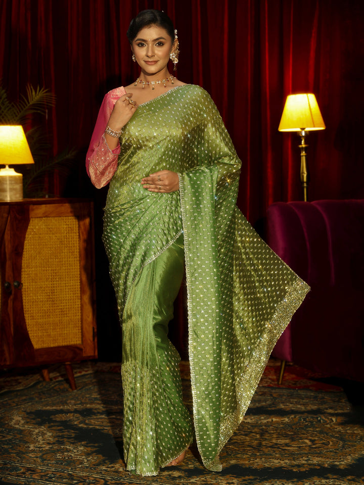 Libas Art Green Stone Work Embellished Tissue Saree
