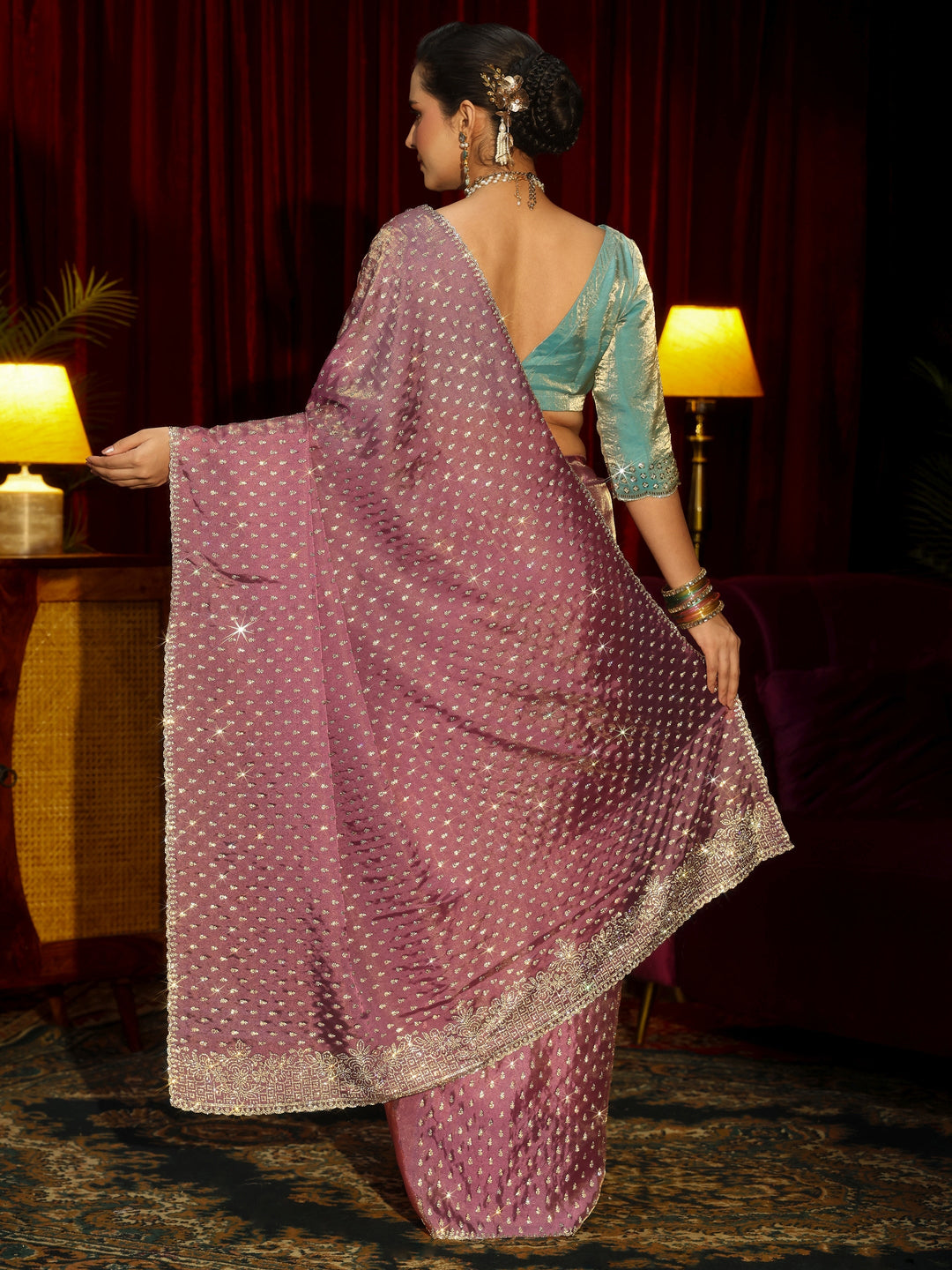 Libas Art Mauve Stone Work Embellished Tissue Saree