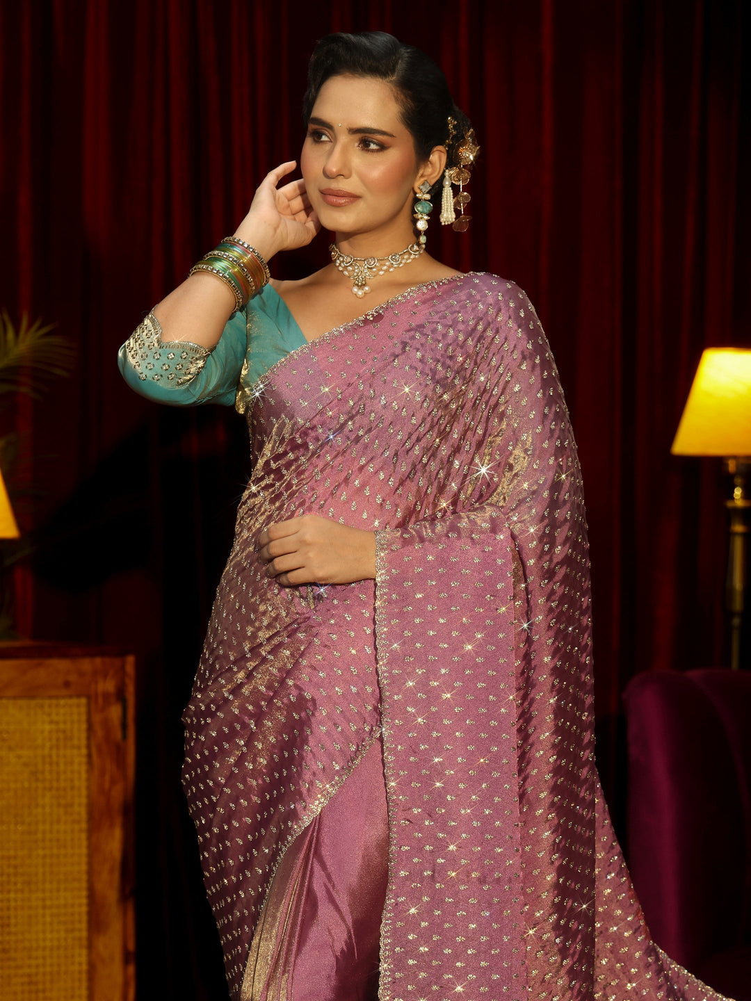 Libas Art Mauve Stone Work Embellished Tissue Saree