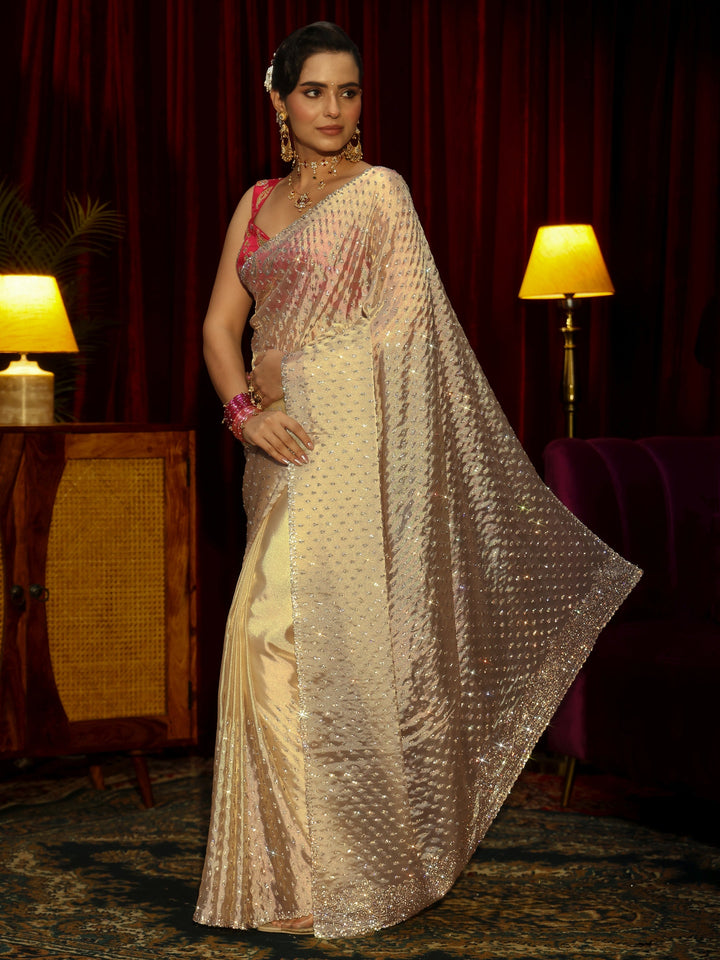 Libas Art Cream Stone Work Embellished Tissue Saree