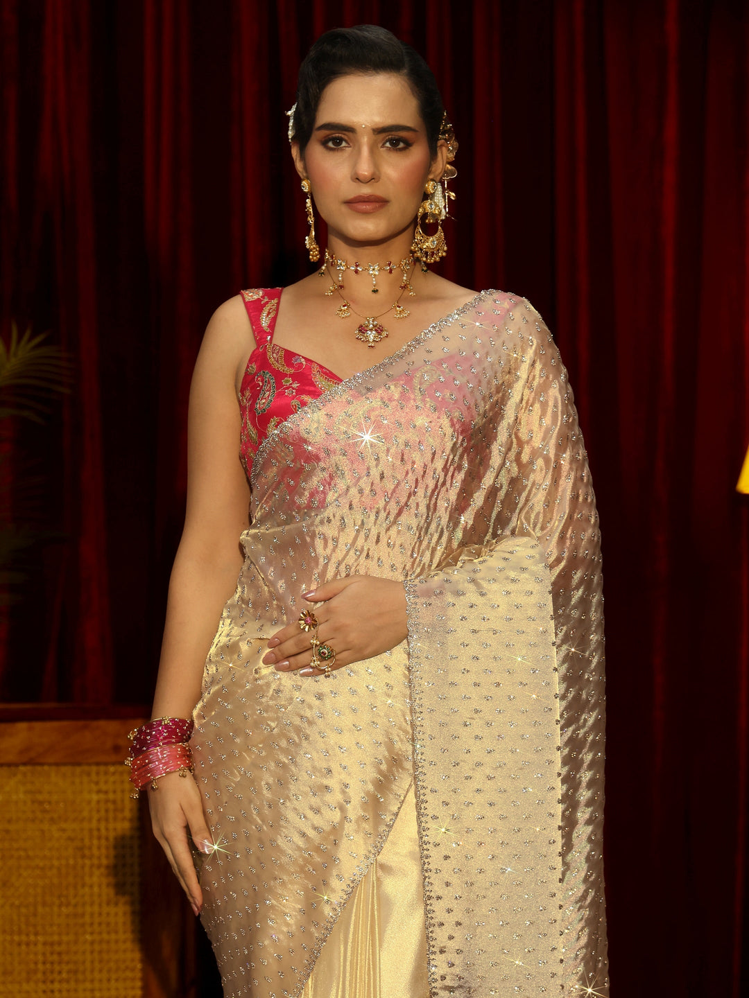 Libas Art Cream Stone Work Embellished Tissue Saree