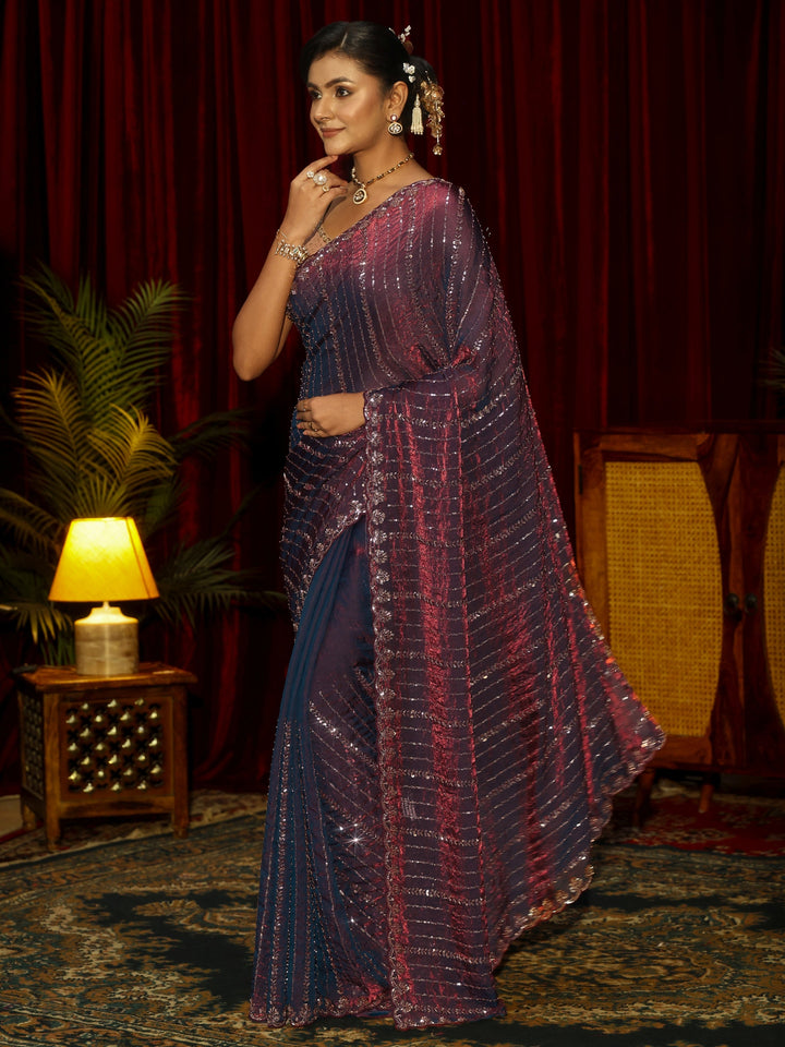 Libas Art Burgundy Sequin Embellished Tissue Saree