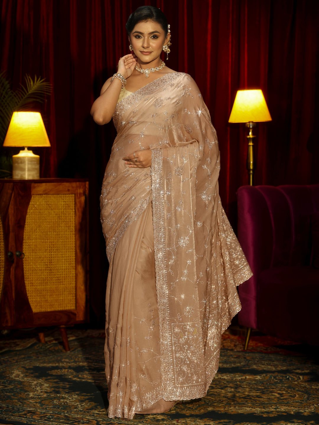 Libas Art Taupe Stone Work Embellished Tissue Saree