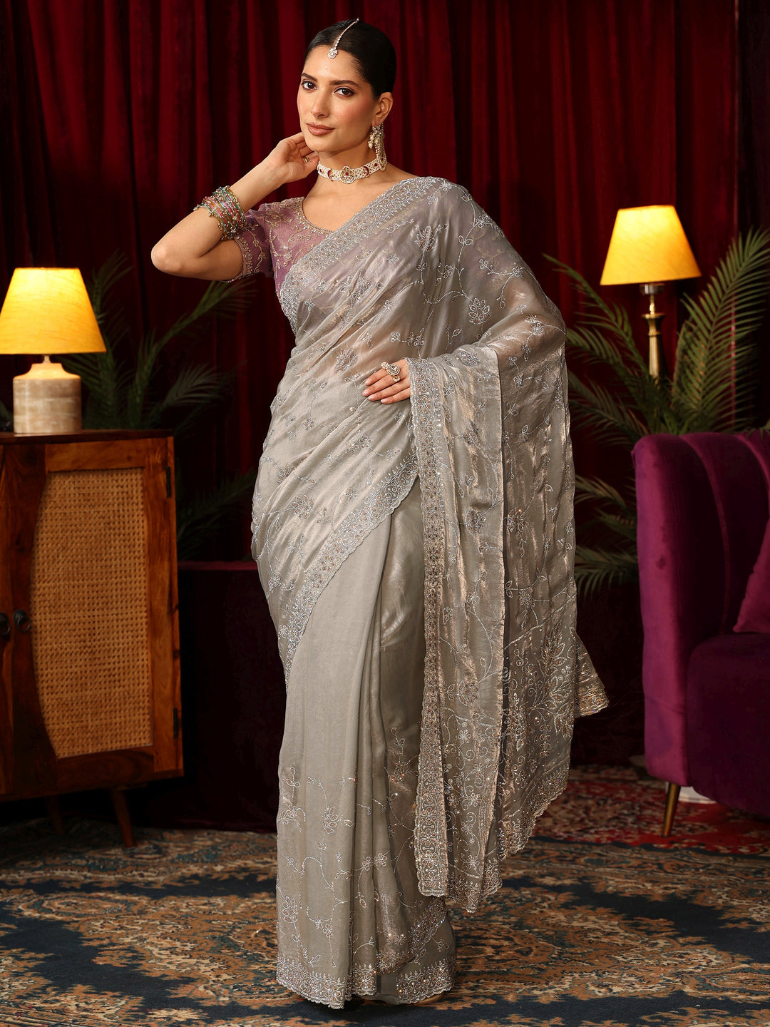 Libas Art Grey Floral Bead Embellished Tissue Saree