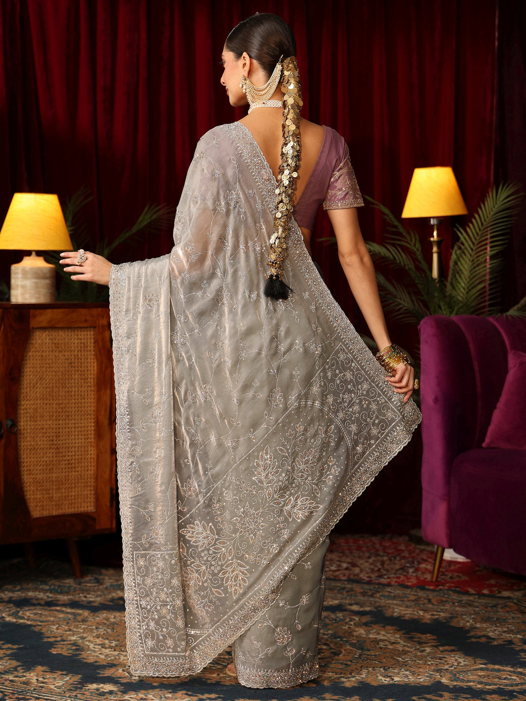 Libas Art Grey Floral Bead Embellished Tissue Saree