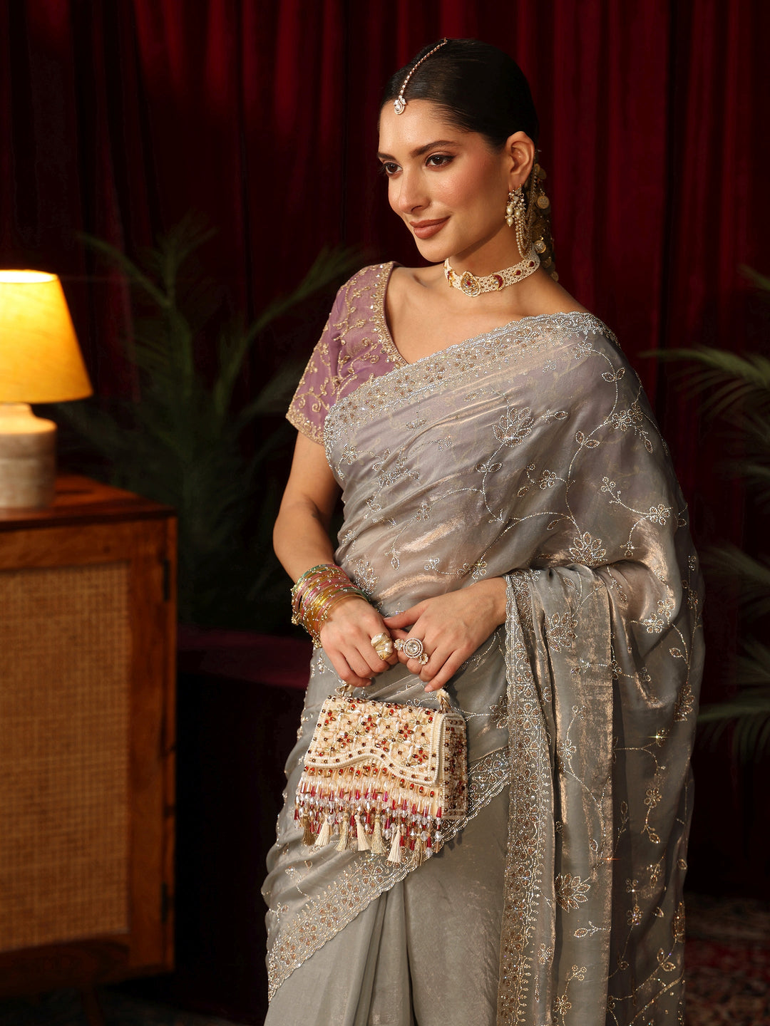 Libas Art Grey Floral Bead Embellished Tissue Saree