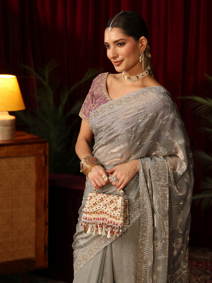 Libas Art Grey Floral Bead Embellished Tissue Saree