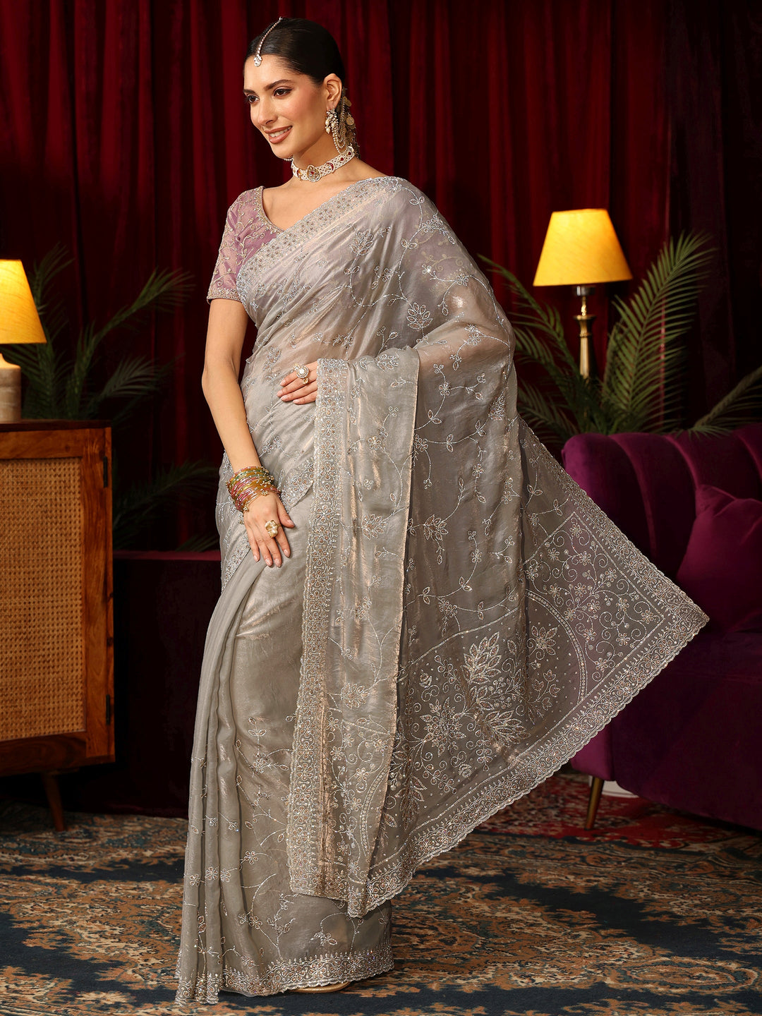 Libas Art Grey Floral Bead Embellished Tissue Saree