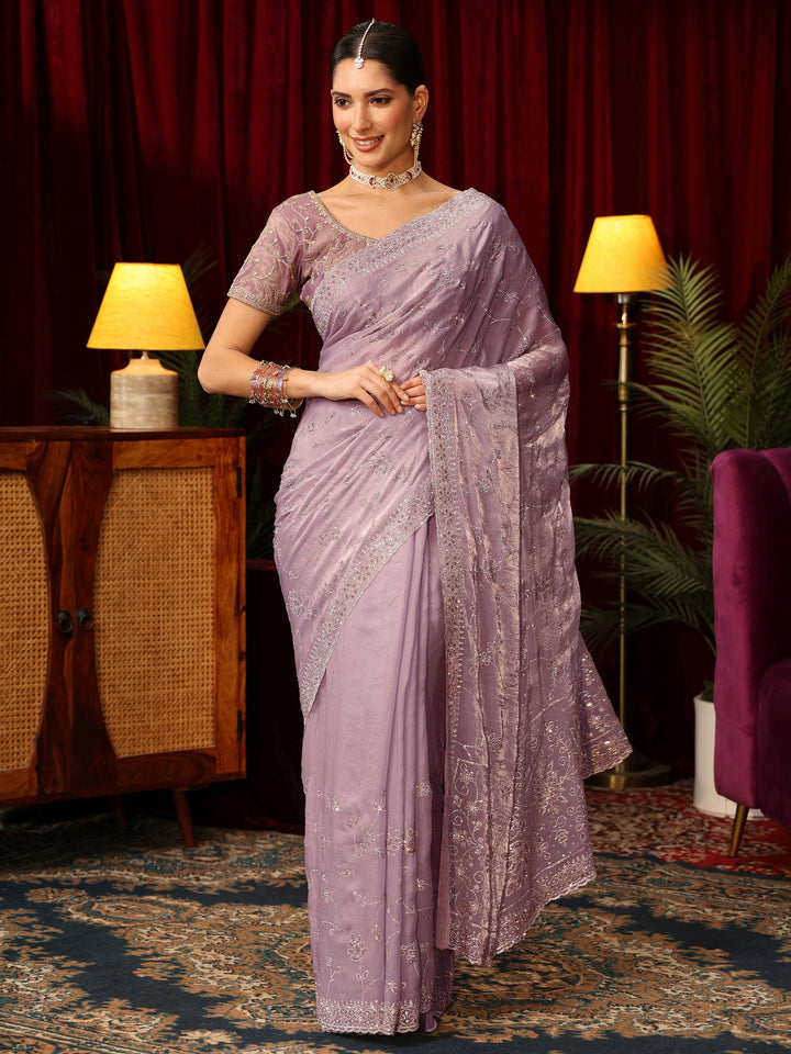 Libas Art Lavender Floral Bead Embellished Tissue Saree