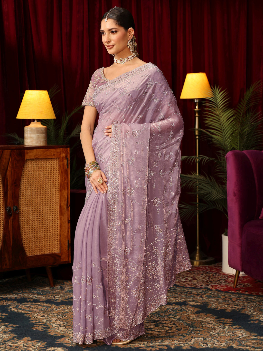 Libas Art Lavender Floral Bead Embellished Tissue Saree