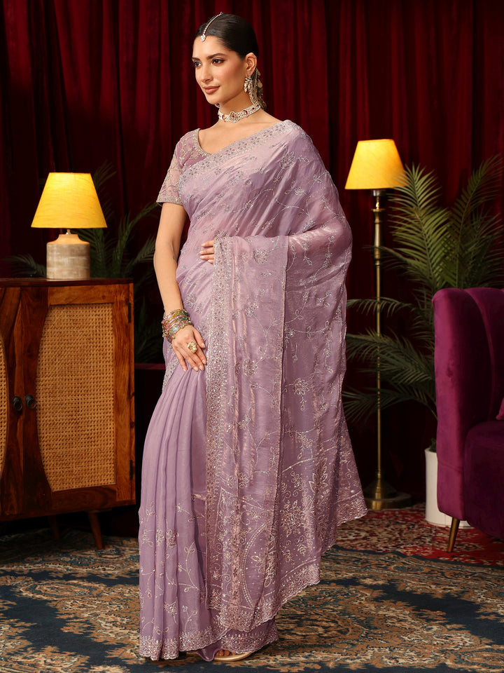Libas Art Lavender Floral Bead Embellished Tissue Saree