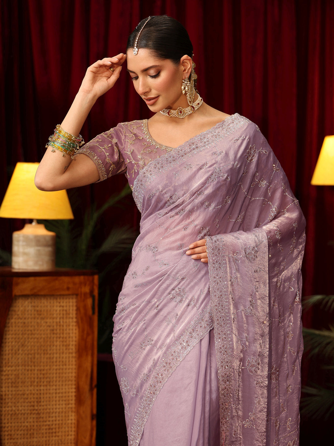 Libas Art Lavender Floral Bead Embellished Tissue Saree