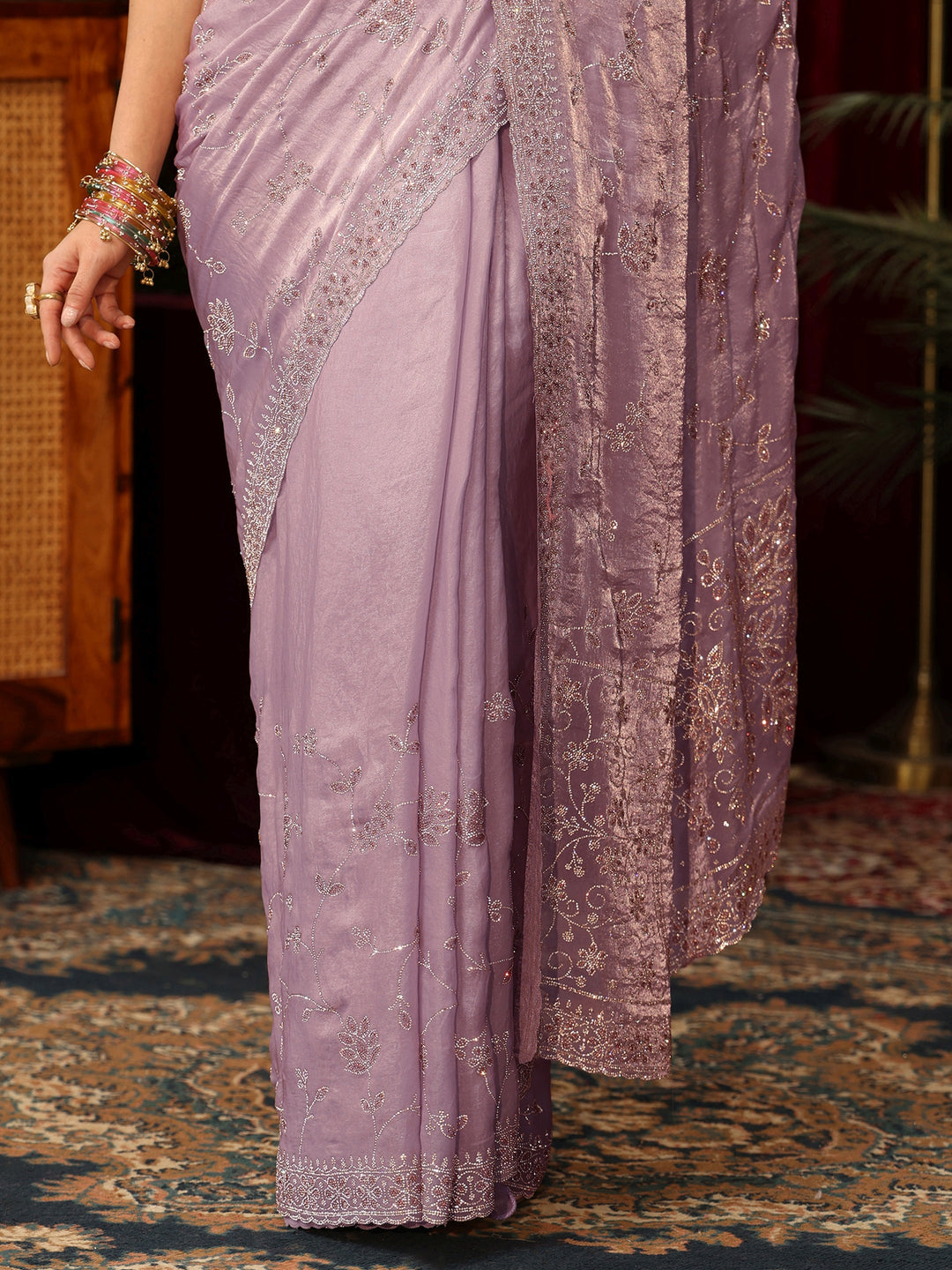 Libas Art Lavender Floral Bead Embellished Tissue Saree
