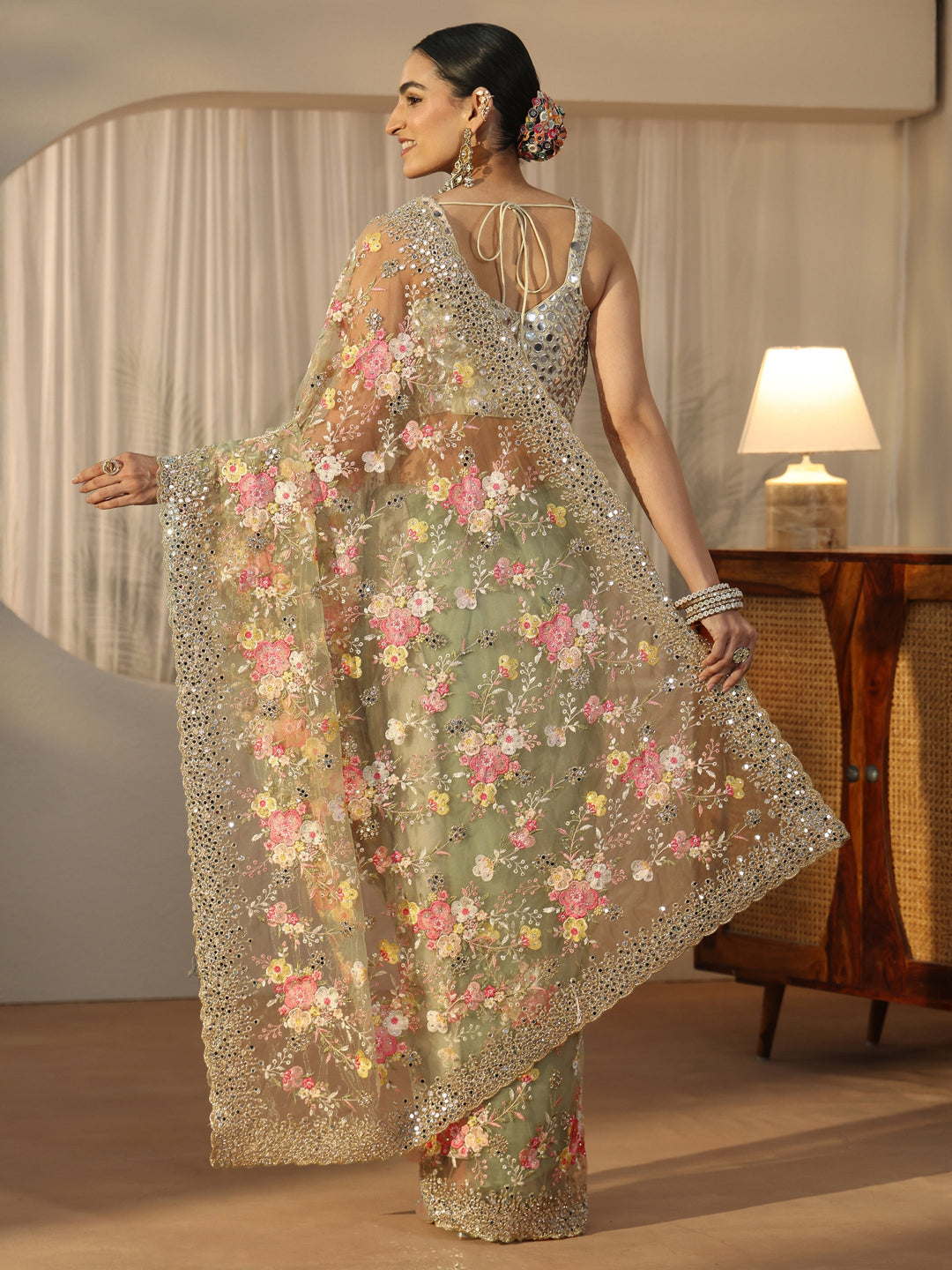 Libas Art Pista Green Floral Embellished Net Saree