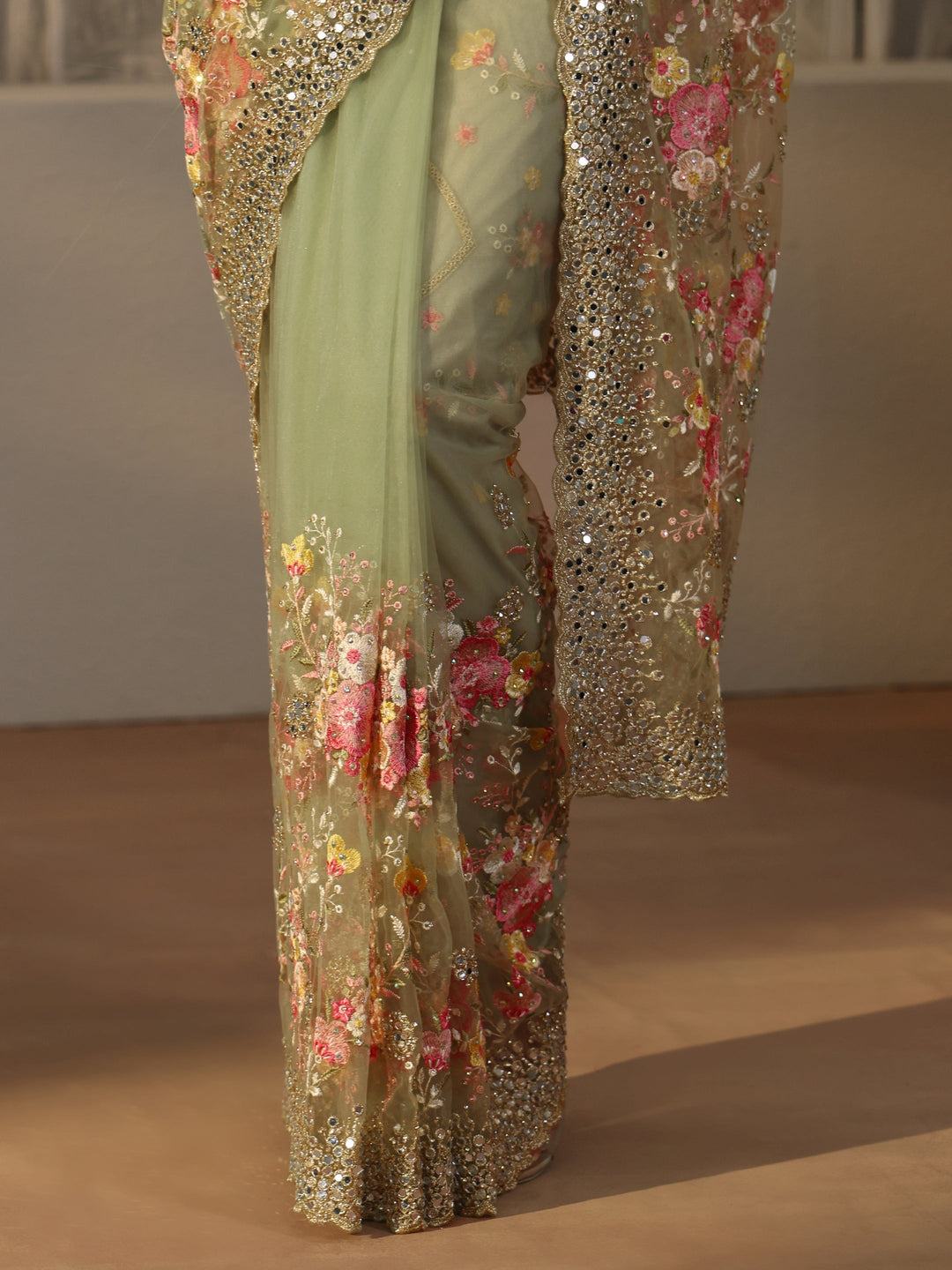 Libas Art Pista Green Floral Embellished Net Saree